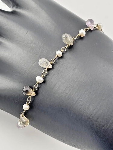 GOLD OVER 925 STERLING SILVER MULTICOLOR GEMSTONE SEED PEARL BRACELET 7.5" 3255