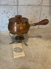 Vintage Swedish Copper Fondue Pot Sterno Wood Handle