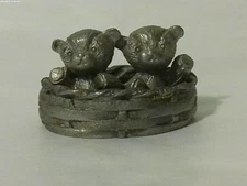 Vintage  Spoontiques  Miniature Pewter Figure  2 Baby Bears in Basket  Cute