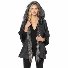 ADRIENNE LANDAU Size XS/S Hooded Kimono Jacket w Faux Fox Trim GRAY