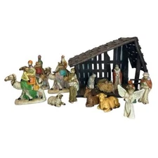 Vintage 14 Piece Nativity Christmas Set with Manger Porcelain Painted  Jesus God