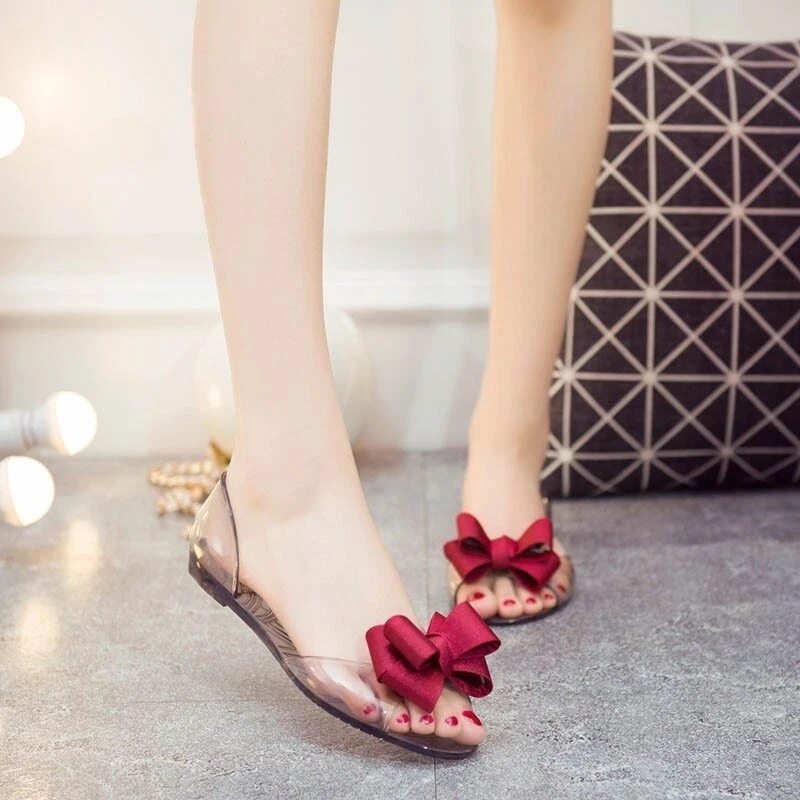 Women Transparent Flat Summer Open Toe Clear Jelly Sandals Shoes Bow Ankle Strap