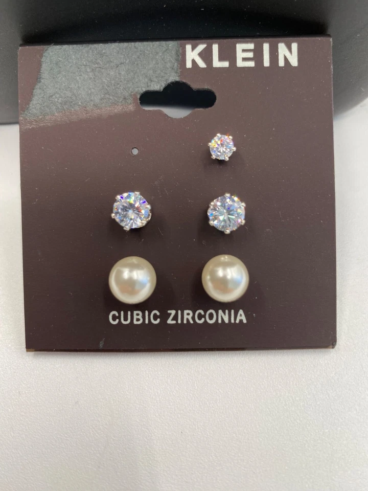 Tachuelas para mujer Anne Klein circonita cúbica y perlas en tono plateado nuevas con etiquetas (falta pendiente) Foto 3 de 4