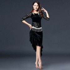 Women Velvet Dance Dress Latin Lace Floral Ruffle Tango Salsa Rumba Costume