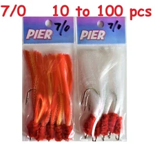 10 to 100 pcs 7/0 Shrimp Fly Rigs Tied Hook Rockfish Baits White & Red/Yellow