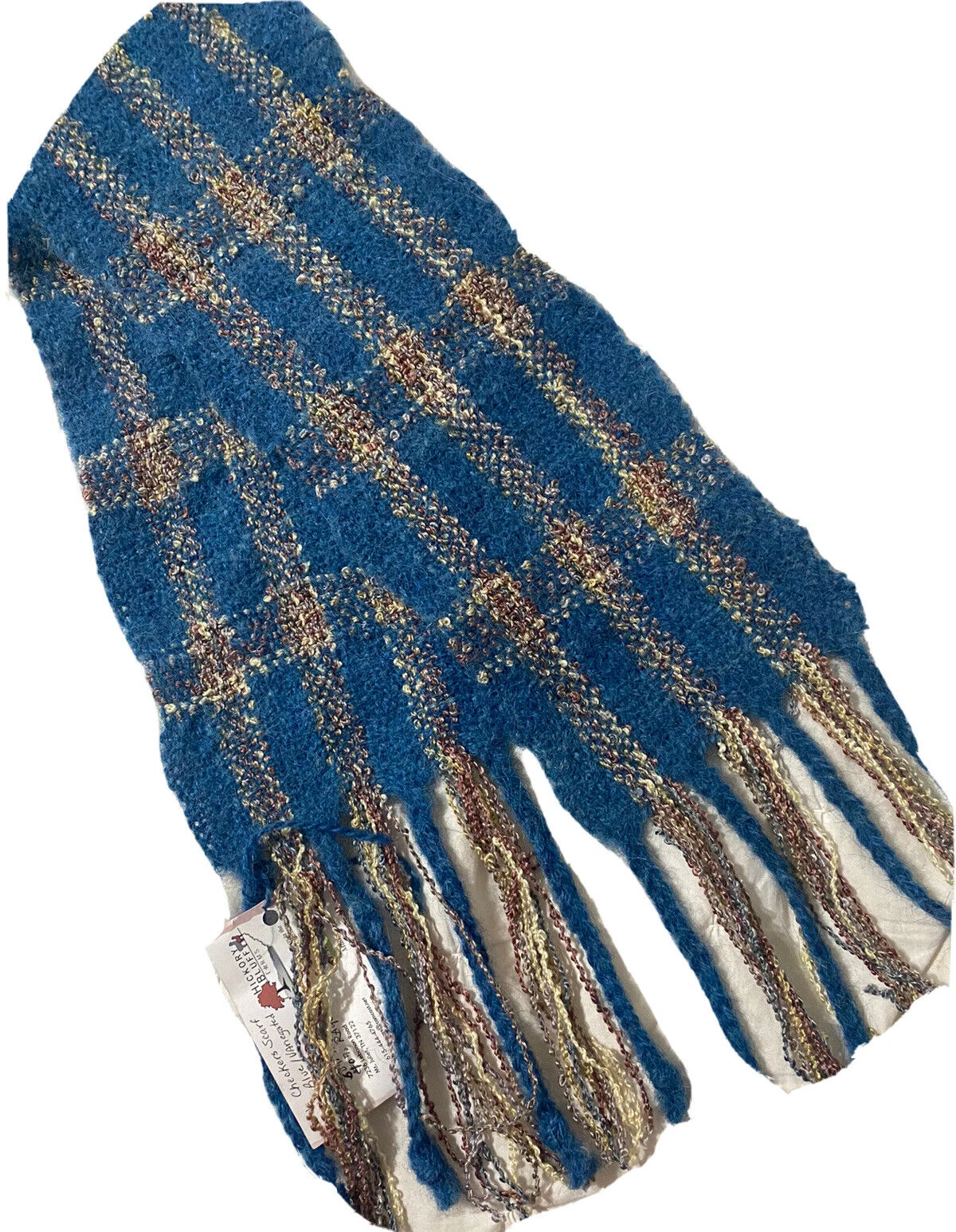 HICKORY BLUFF ALPACA FARMS NWT Blue Plaid Hand Woven Scarf Fringe 5.5x64" USA