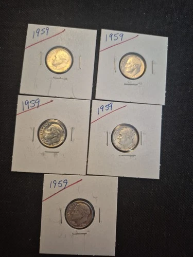 5 Beautiful Uncirculated 1959 Silver Roosevelt Dimes
