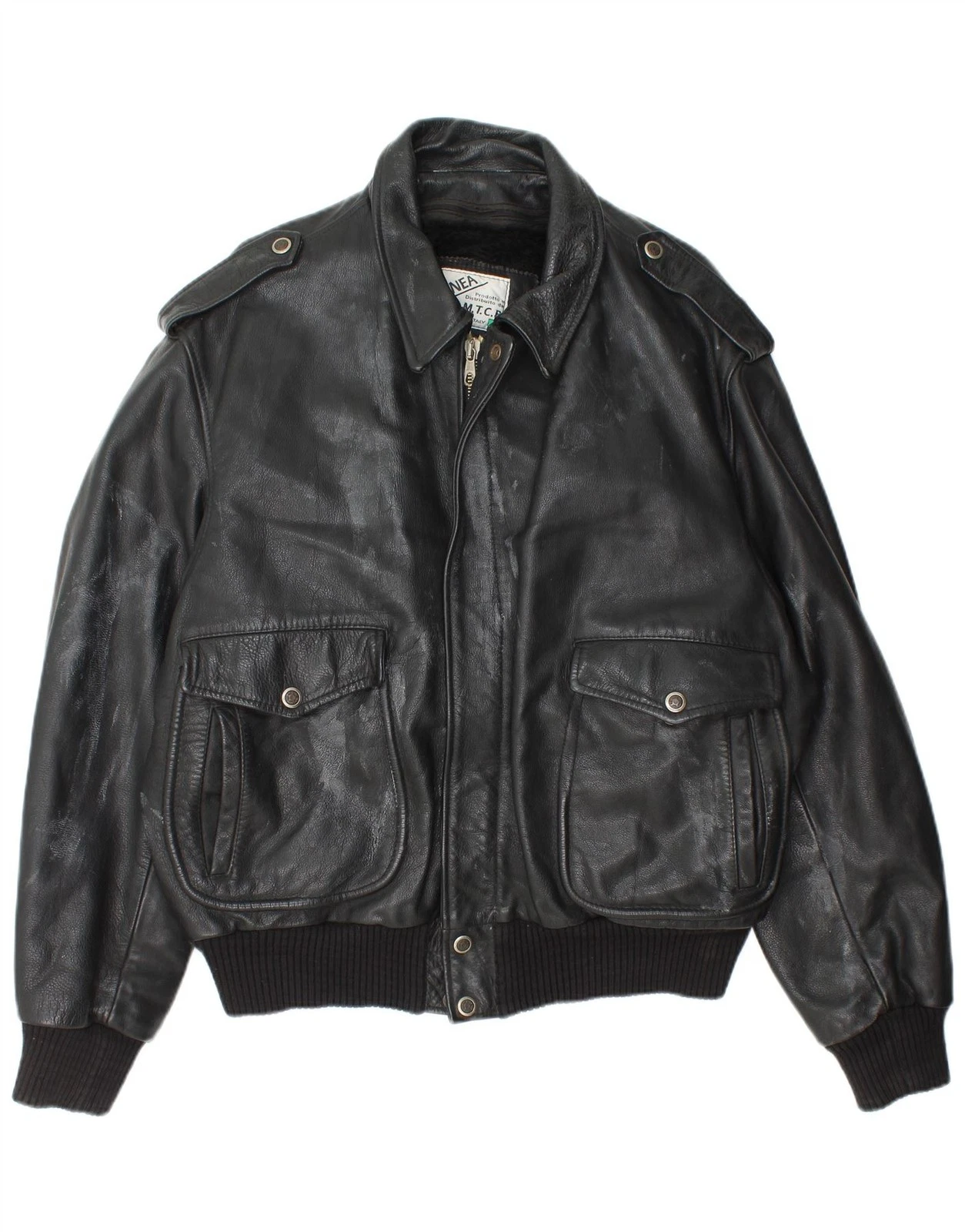 Vintage Mens Military Leather Jacket IT 52 XL Black Leather AN02