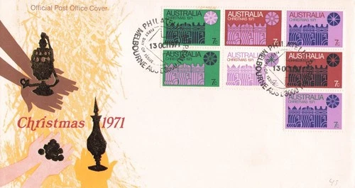 Autralian 1971 Christmas Block of 7 Official P. O. Cover, FDC Oct. 13, 1971