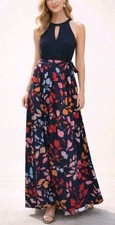 Vince Camuto Floral Maxi Dress Sz 6 Navy Halter Keyhole Tie Waist Wedding Guest