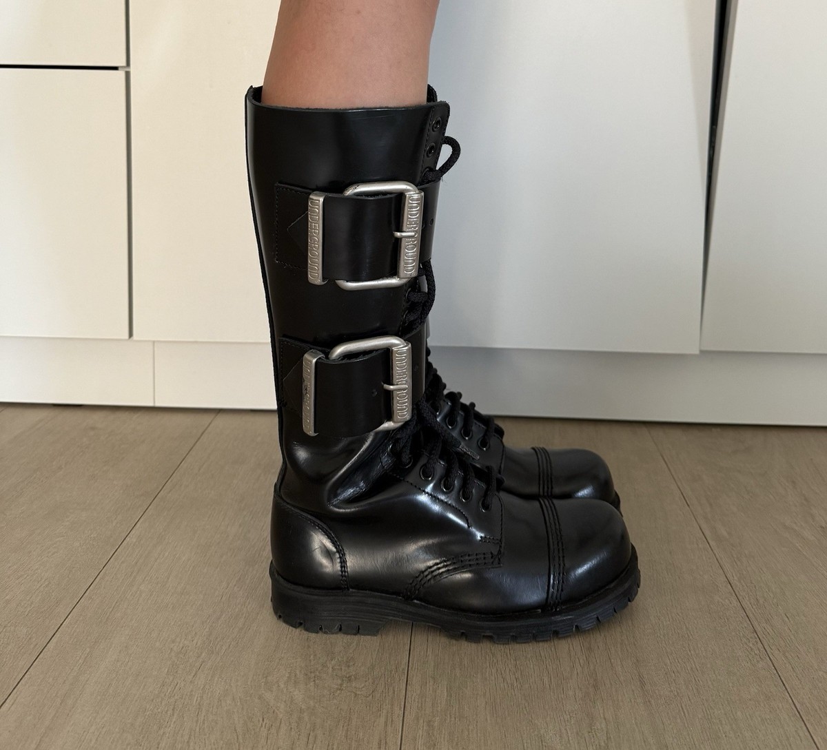 Underground England womeHigh Leather Black Boots Buckle Gothic