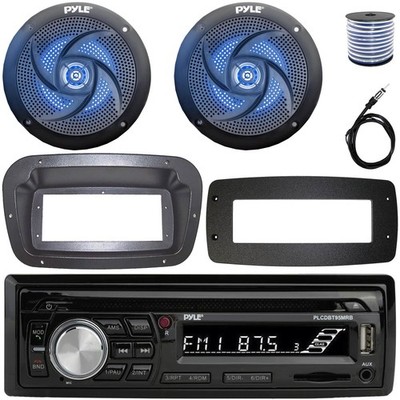 Pyle 1-DIN Marine CD Receiver W/Install Kit + Adapter Plate, 2x 4'' LED Speakers