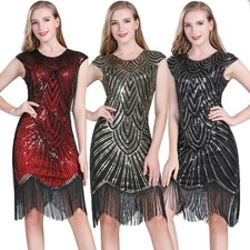 Womens Sequin Tasseled Dress Party Ballroom Glitter Dancewear Dress Slim S-3XL