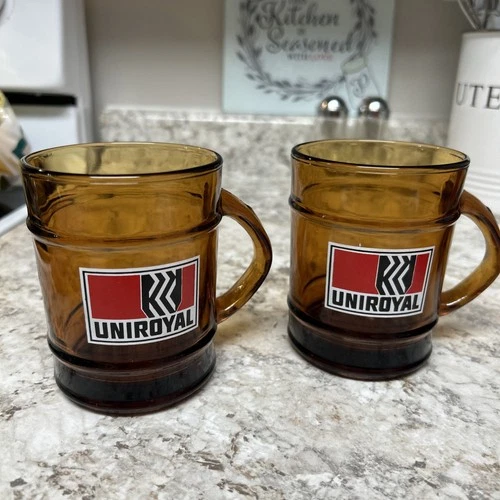 2 Vintage Amber Glass Fire King Anchor Hocking Uniroyal Logo Barrel Ranger Mugs