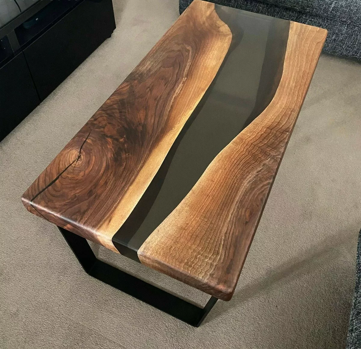 30x 18 Custom Black Epoxy Resin Wooden River Style Center Coffee Table Top