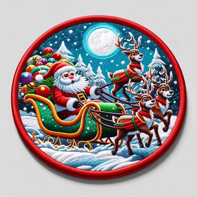 Santa's Sleigh Patch Iron-on Applique Clothing Decor, Christmas, Bag of Presents