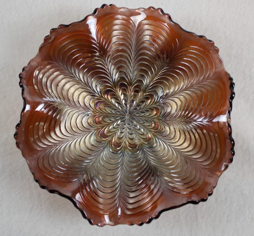 Vtg Fenton Berry Bowl Peacock Tail Carnival Glass Purple iridescent Ruffed 7"