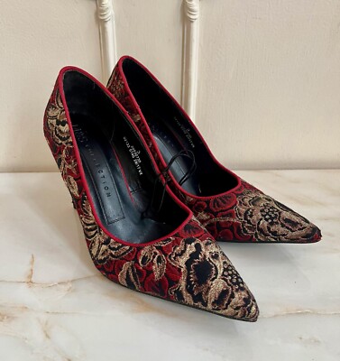 MARKS SPENCER ISOLIA Red Gold Tapestry Floral Mid Heel Court Shoes Size  UK