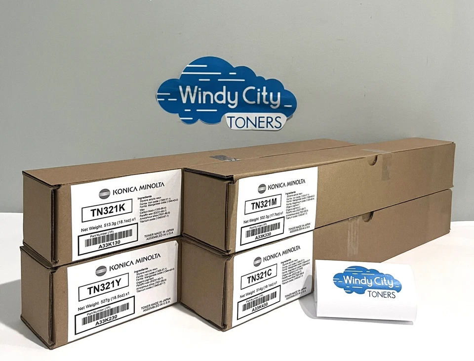 Juego de tóner Konica Minolta TN321 OEM negro amarillo magenta cian para bizhub C224 NUEVO Foto 3 de 3