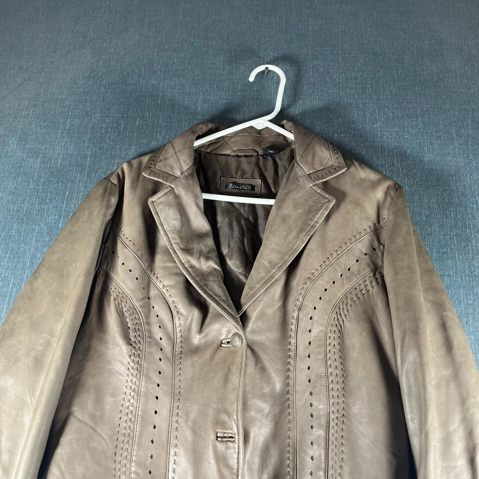 Chaqueta Tahari Mujer Marrón Manga Larga Cierre Botón Talla M Cuero Genuino Foto 2 de 4