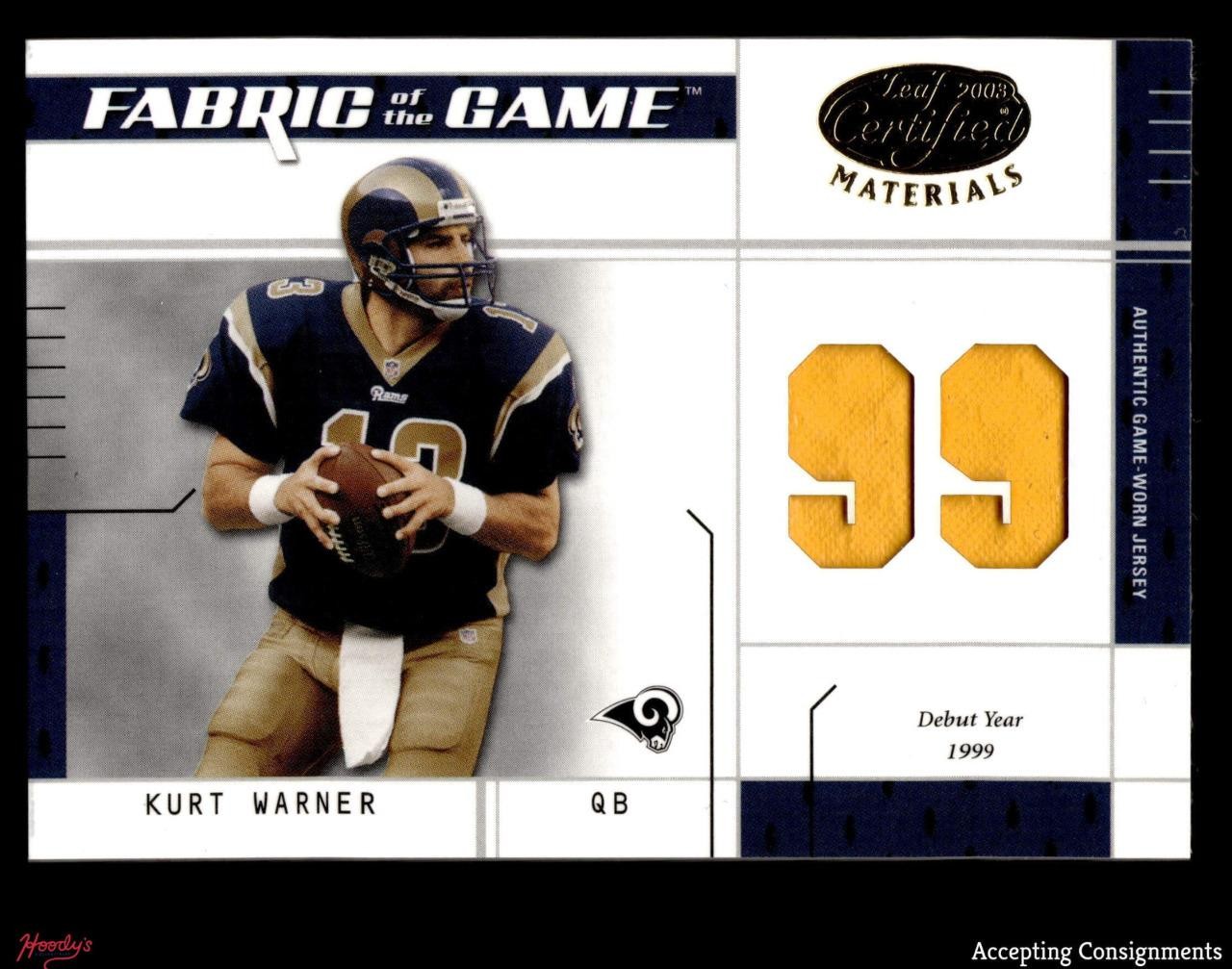 2003 Leaf Certified Materials Fabric of the Game Kurt Warner GAME USED PATCH /99