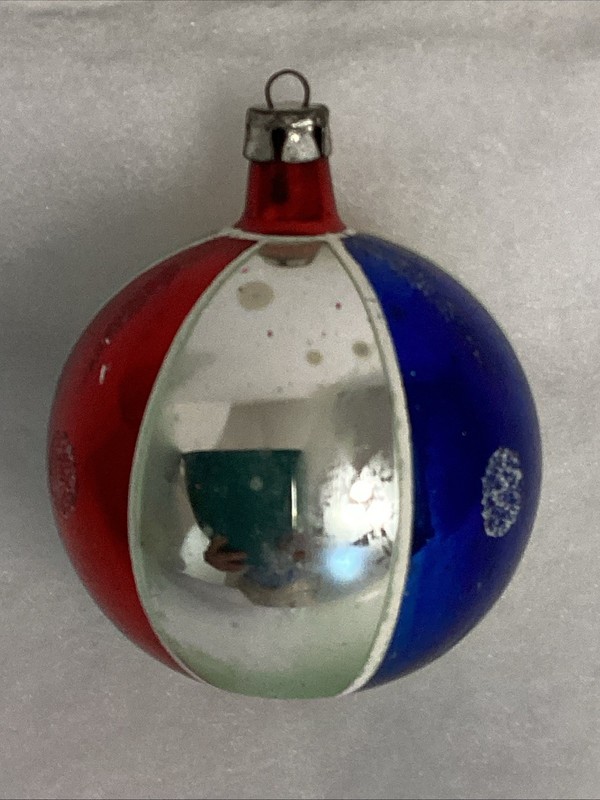 Vintage Christmas Poland Glass Patriotic Glitter Ornament Red White & Blue