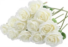 12 Pack White Roses Artificial Flowers with Stem Fake Flowers Silk Roses Bouq...