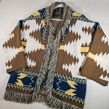 Threads By Nina Cardigan Shawl Fringed Collar Southwestern Geometric Pattern