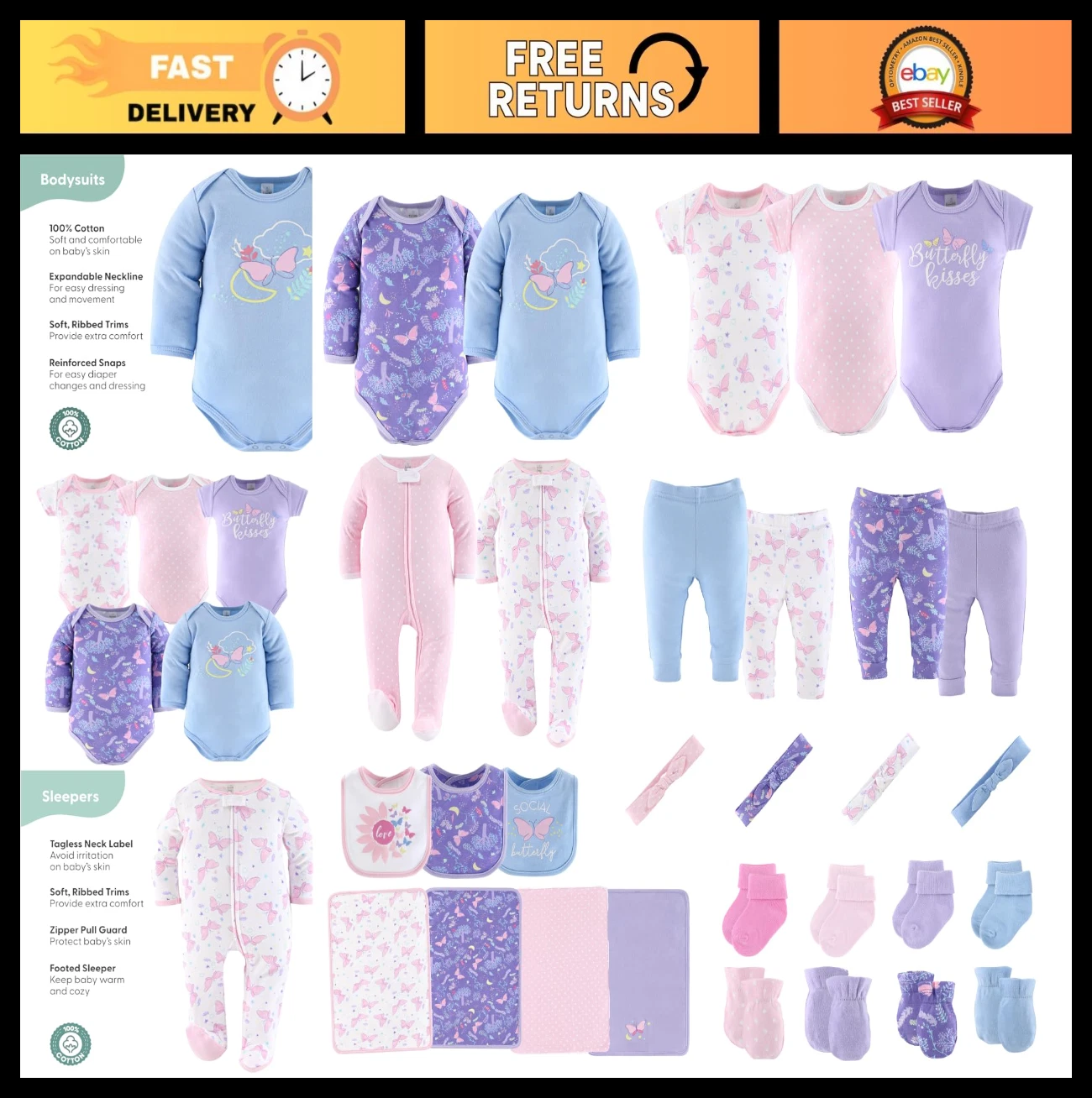 Baby Girl Layette Gift Set - Newborn Clothes & Essentials, Purple Butterfly Desi