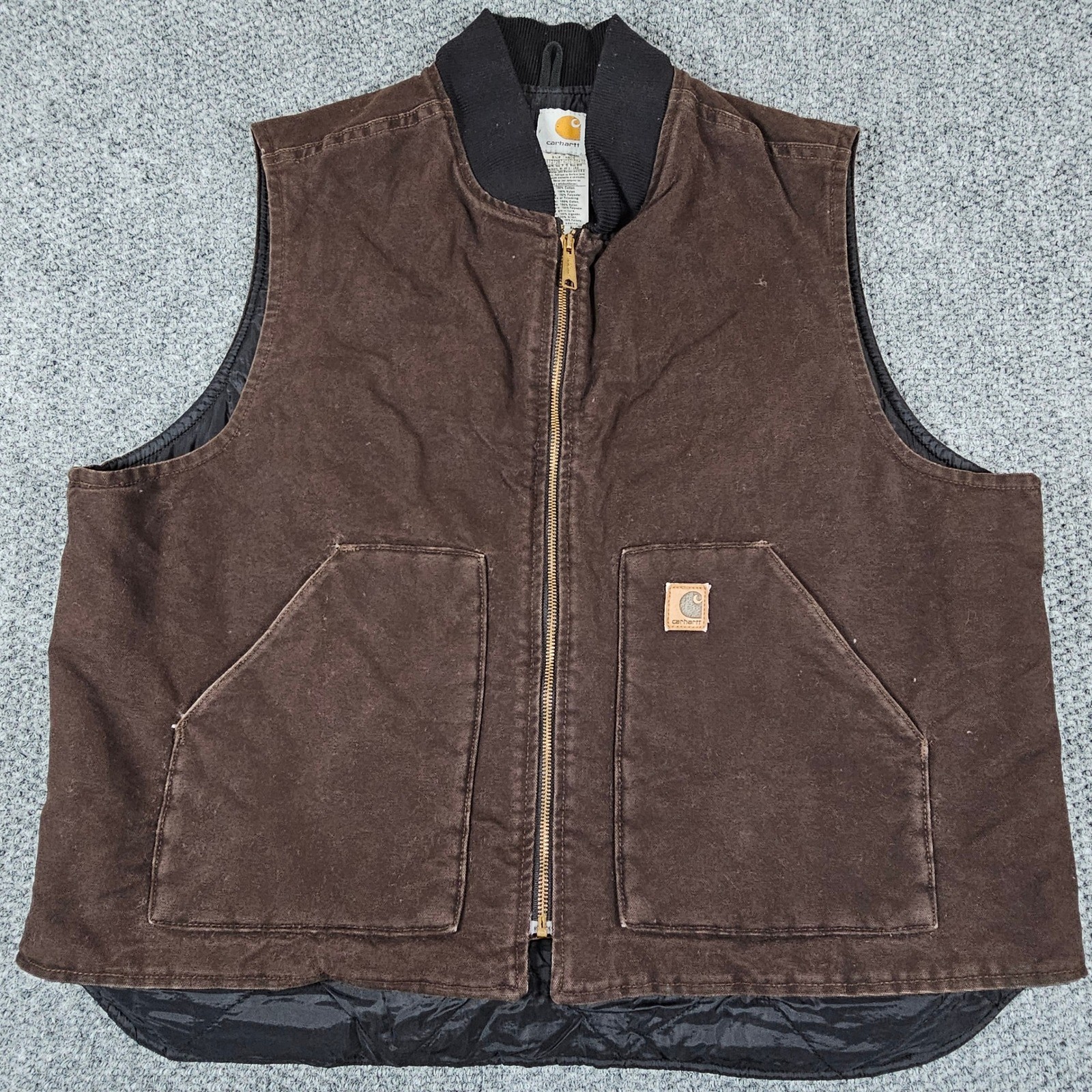 Vtg Carhartt Vest Men's Sz L V02 DKB Duck Canvas Quilted Sandstone Dark Brown