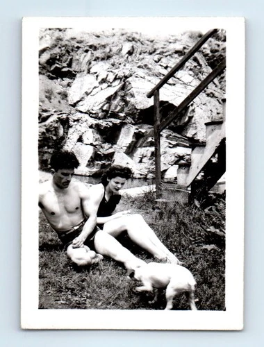 Old Vintage Photo SHIRTLESS MAN WOMAN COUPLE DUO DOG SUNBATHING PHOTOGRAPH