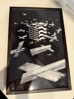 Signed Kent 2003 Framed American Flag Artwork Black White 19x13 Wall Art