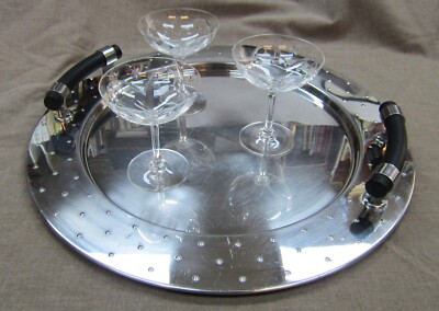 Großes Vintage Tablett Edelstahl Alessi Design Michael Graves - 48 cm. schwarze griffe