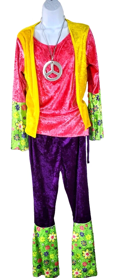 Halloween Hippie Flower Power Disfraz Terciopelo Parte Superior e Inferior Sin Etiqueta Acampanado Foto 3 de 4