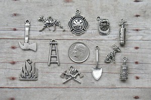 Fireman Charm Collection - Antique Silver Tone 11 Piece Set For Jewelry Making