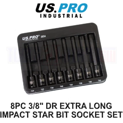 US PRO Industrial 8pc 3/8" DR Extra Long Impact Star Torx Bit Socket Set T25-T60
