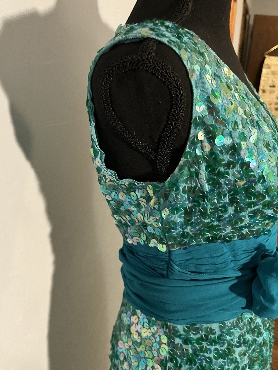 BCBG MAXAZRIA Blue Green SILK Sequin Sash Party Dress women