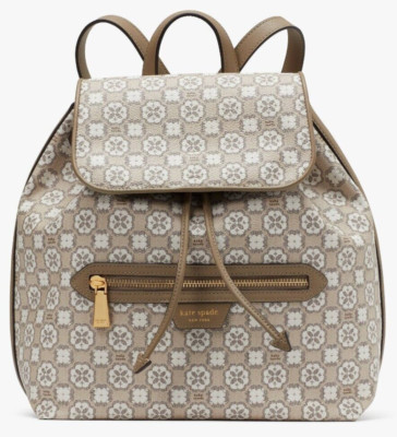 Kate Spade Flower Monogram Mia Flap Backpack NWT Taupe White $348 Retail FS Y