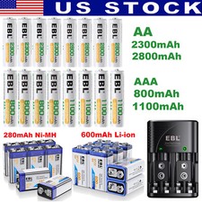 EBL Lot AA AAA 9V Rechargeable Batteries / AA AAA 9V Ni-MH Ni-CD Wall Charger