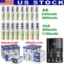 EBL Lot AA AAA 9V Rechargeable Batteries / AA AAA 9V Ni-MH Ni-CD Wall Charger