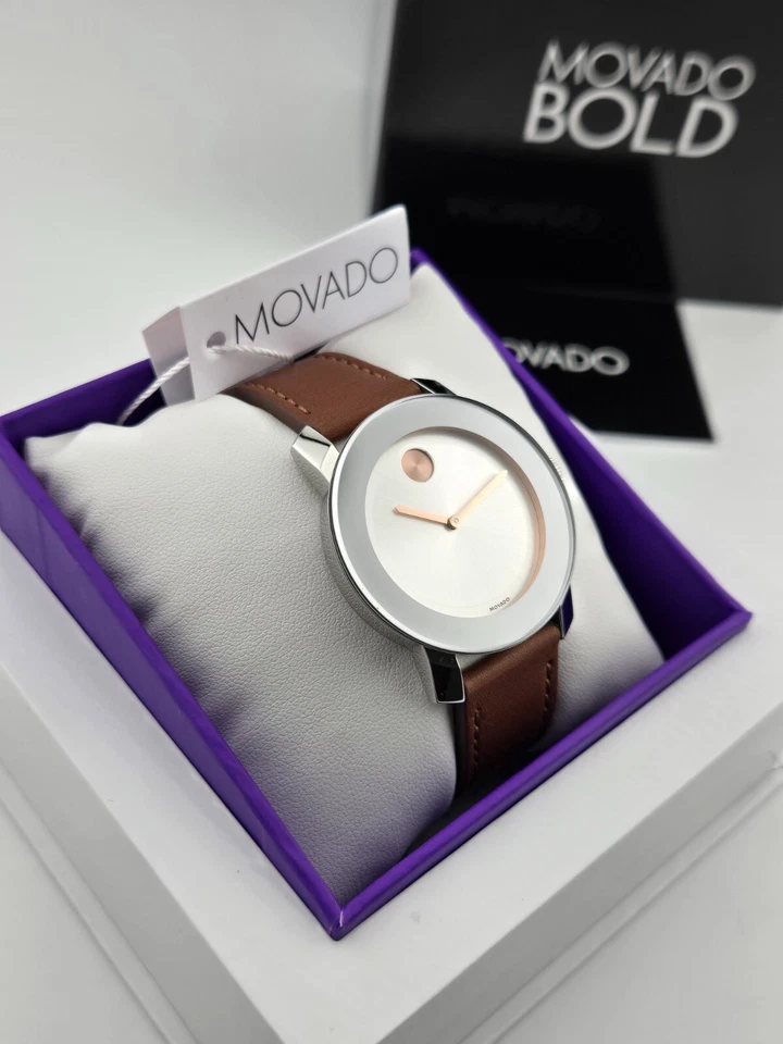 Relógio de quartzo feminino Movado mostrador prateado ousado pulseira de couro - 3600379 ($595 MSRP) - Imagem 4 de 4