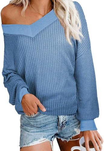 iGENJUN Women's Casual V-Neck Off-Shoulder Batwing Sleeve Pullover Sweater Tops - Picture 57 of 94