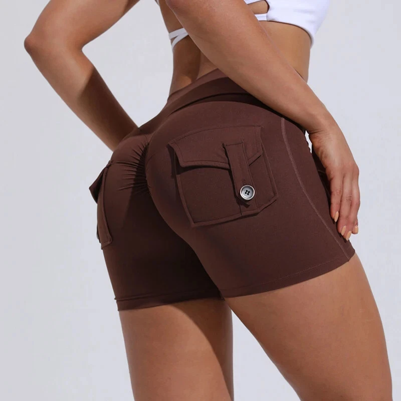 New Yoga Shorts for Women Pocket Scrunched Butt Gym Leggings High Waist Push Up - Image 2 of 4