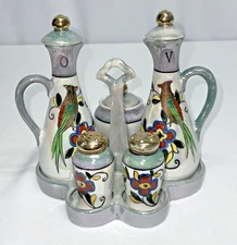 Chikaramachi Cruet Set In Caddy-Salt/Pepper-Mustard Jar-Oil/Vinegar Lusterware