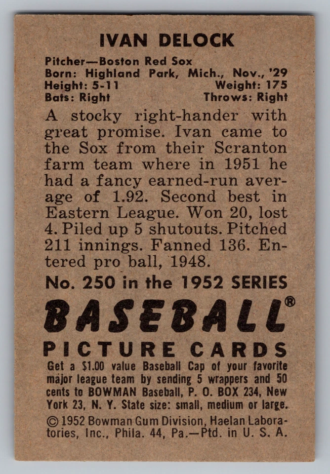 1952 BOWMAN #250 IKE DELOCK RED SOX ROOKIE - Image 2 of 3