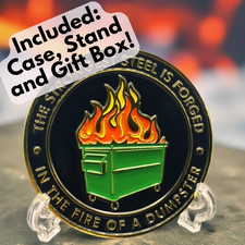 Dumpster fire coin - Fire Challenge Coin - Two Sided Color Dumpster Coin W/Stand