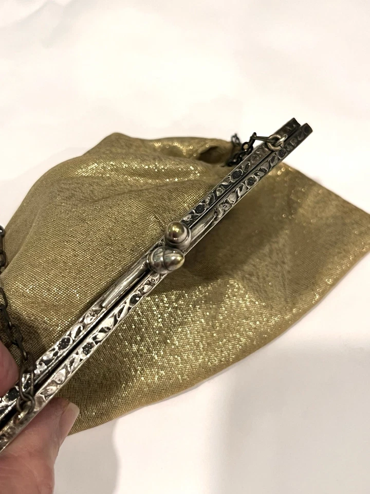 Antique Vintage Metallic Shimmery Gold Purse With Ornate Silver Metal Frame - Image 3 of 4