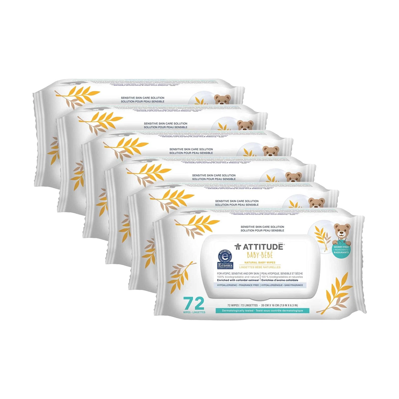ATTITUDE Baby Wipes Unscented Sensitive Skin Oat Chamomile Dermatologically EWG