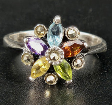 Sterling Silver Multi-Gemstone Floral Ring Size 6.75   Marquise Cut   925 VTG