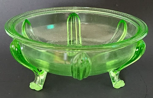 Vintage Uranium Glass 3 Footed Bowl 6.5" Depression Glass UV Reactive